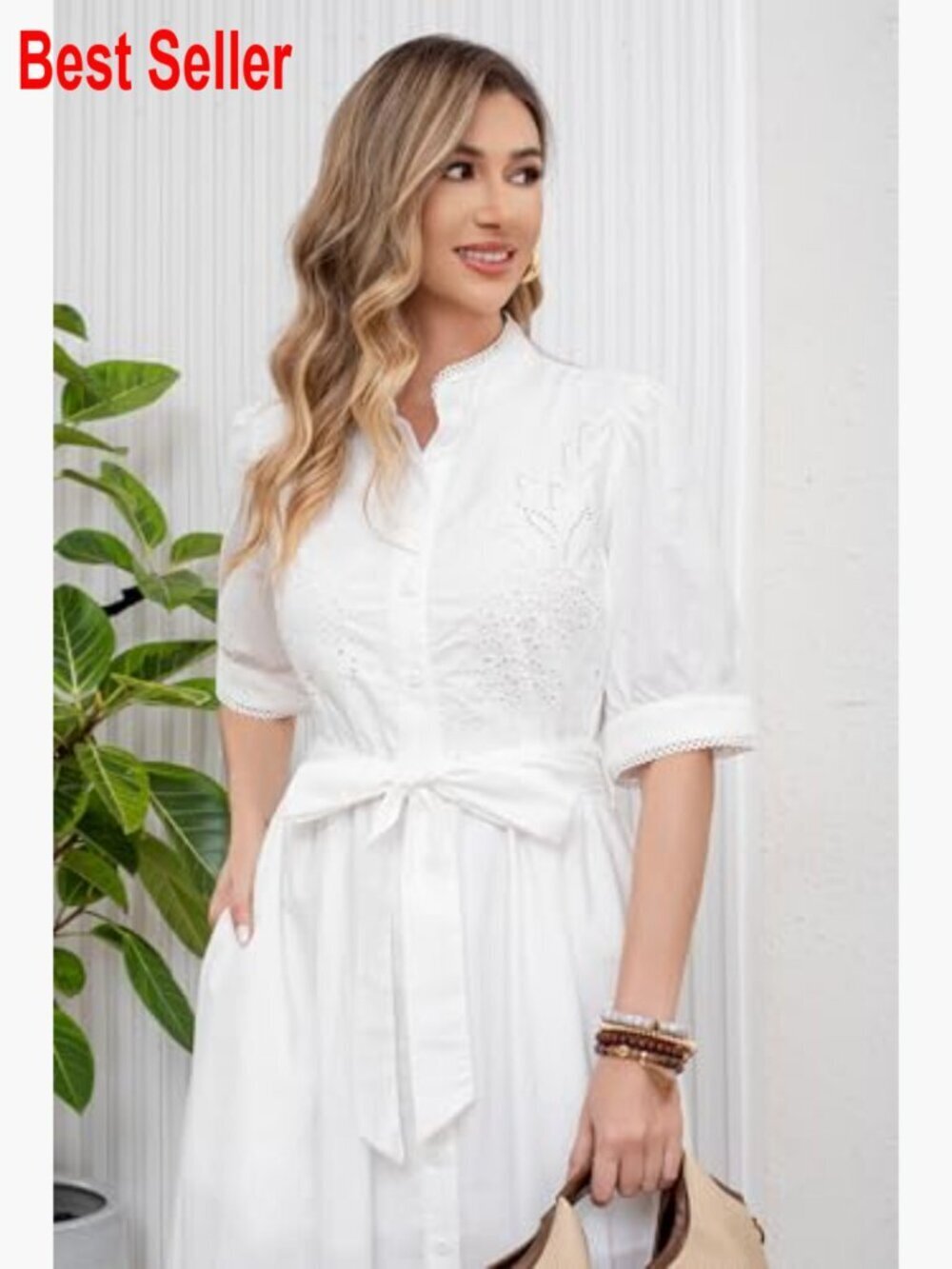 Embroidered Eyelet Cotton Shirt Dress with Belt Puff Sleeve Boho Maxi - Picture 6 of 7